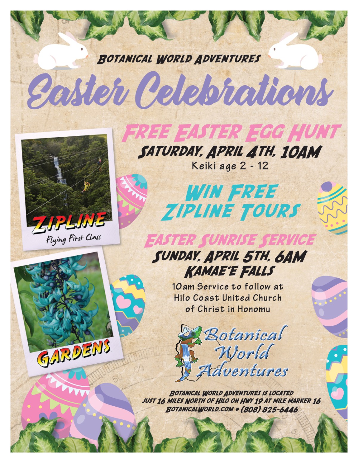 Easter event poster with eggs, zipline image, gardens, and details for egg hunt and sunrise service at Botanical World.