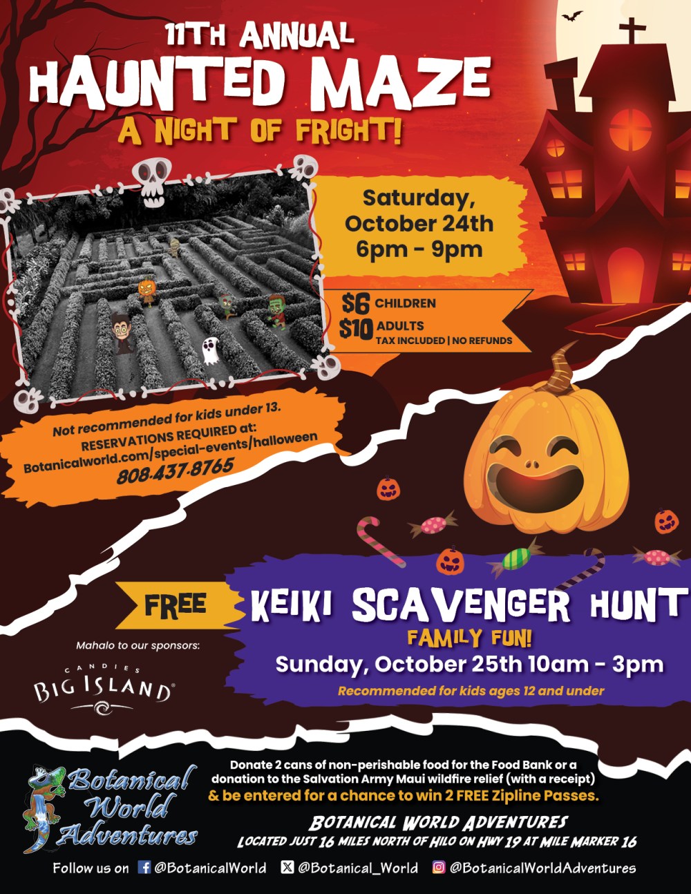 Halloween event poster: Haunted Maze on Oct 24 and Keiki Scavenger Hunt on Oct 25, Botanical World Adventures.
