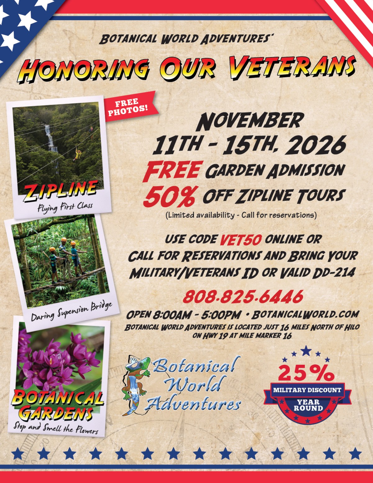 Flyer for Botanical World Adventures honoring veterans with discounts, featuring zipline and garden images.
