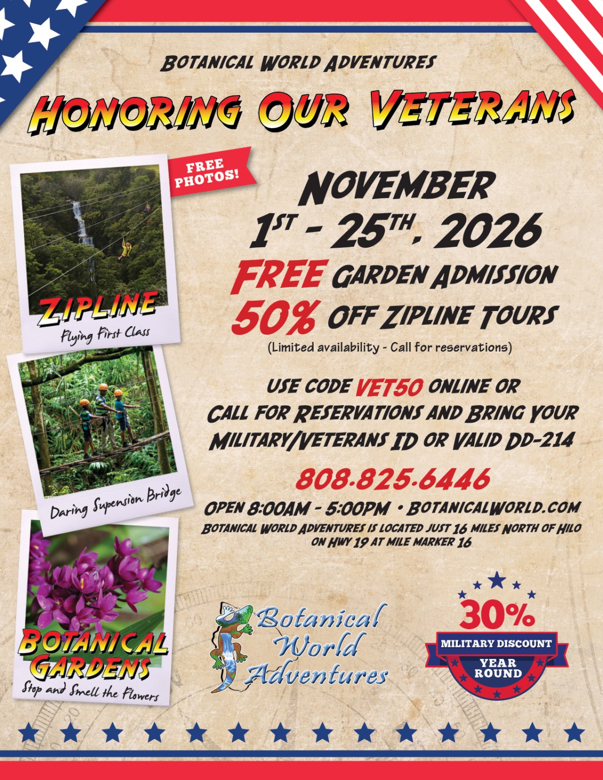 Flyer for Botanical World Adventures featuring zipline tours, garden admission discounts for veterans in November 2026.