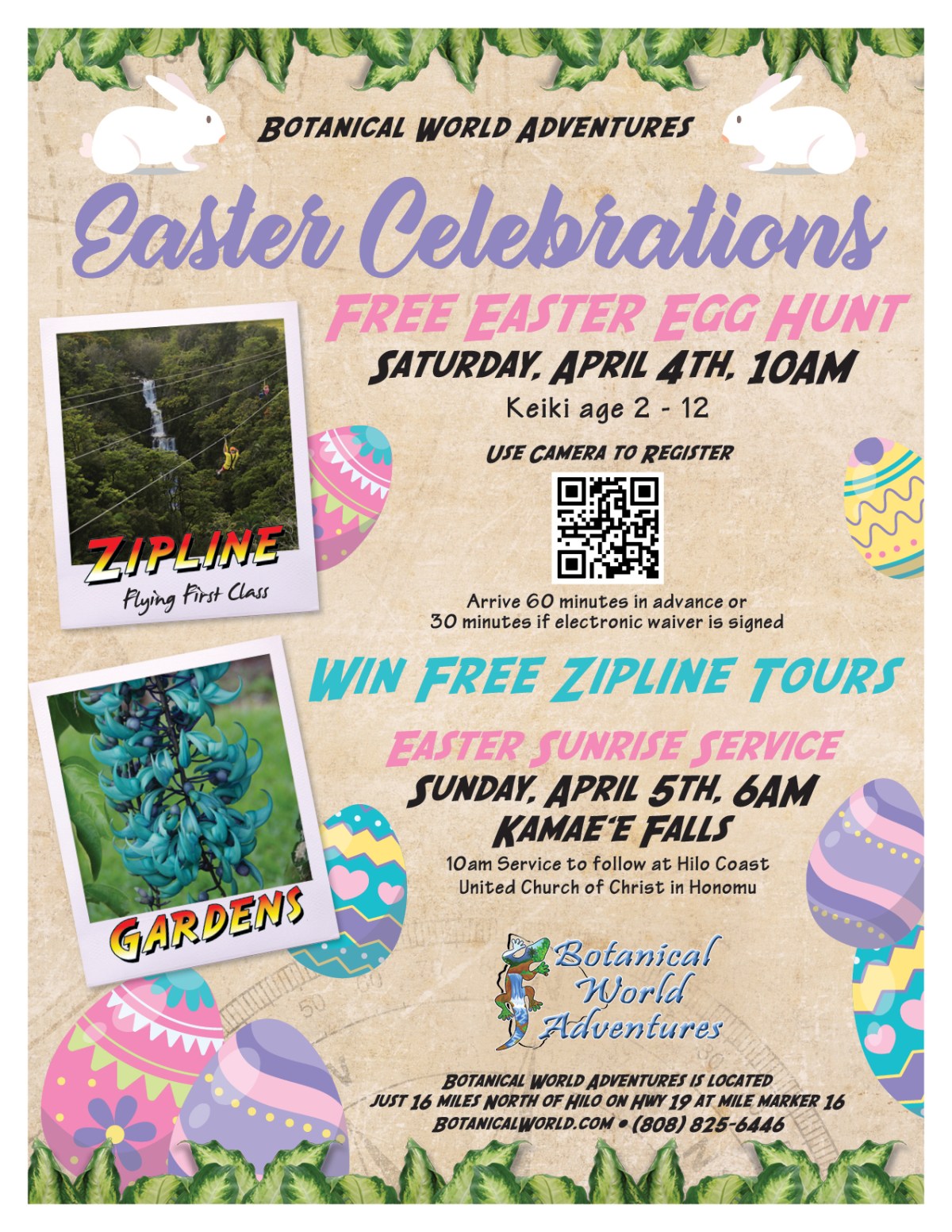 Easter event flyer for Botanical World Adventures featuring egg hunt, zipline tours, and sunrise service.