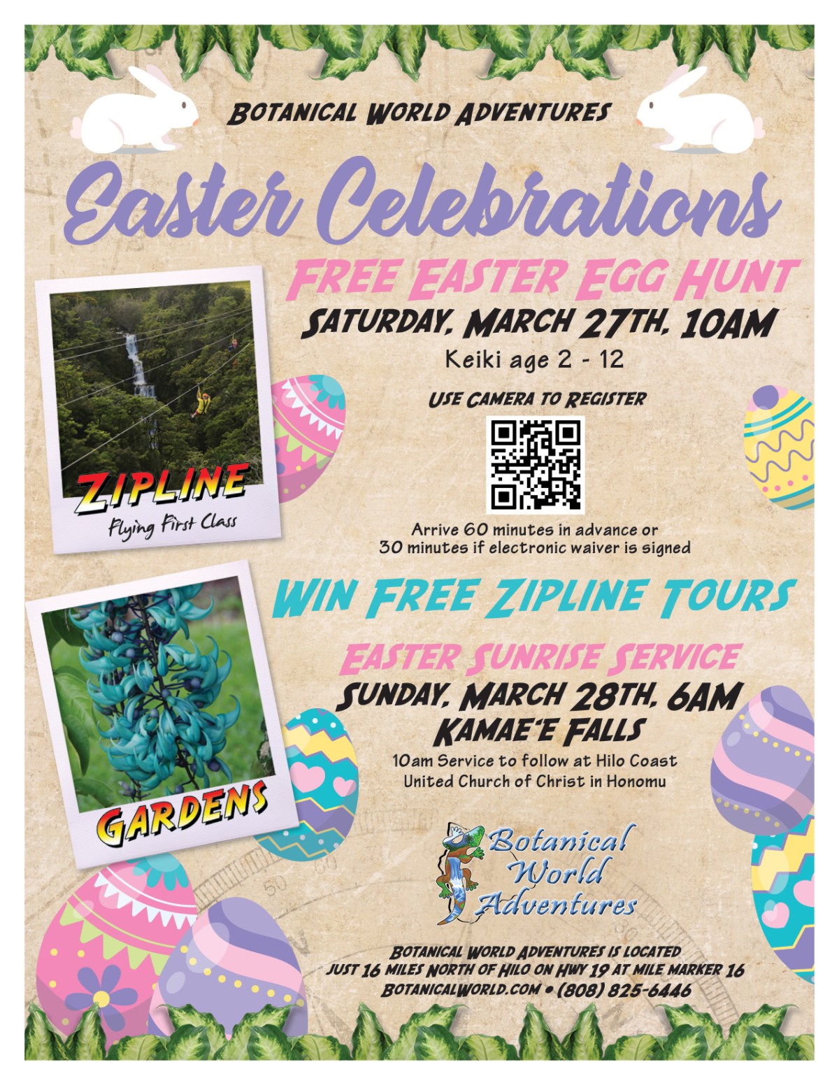 Easter event flyer with egg hunt, zipline photo, gardens, and registration details.