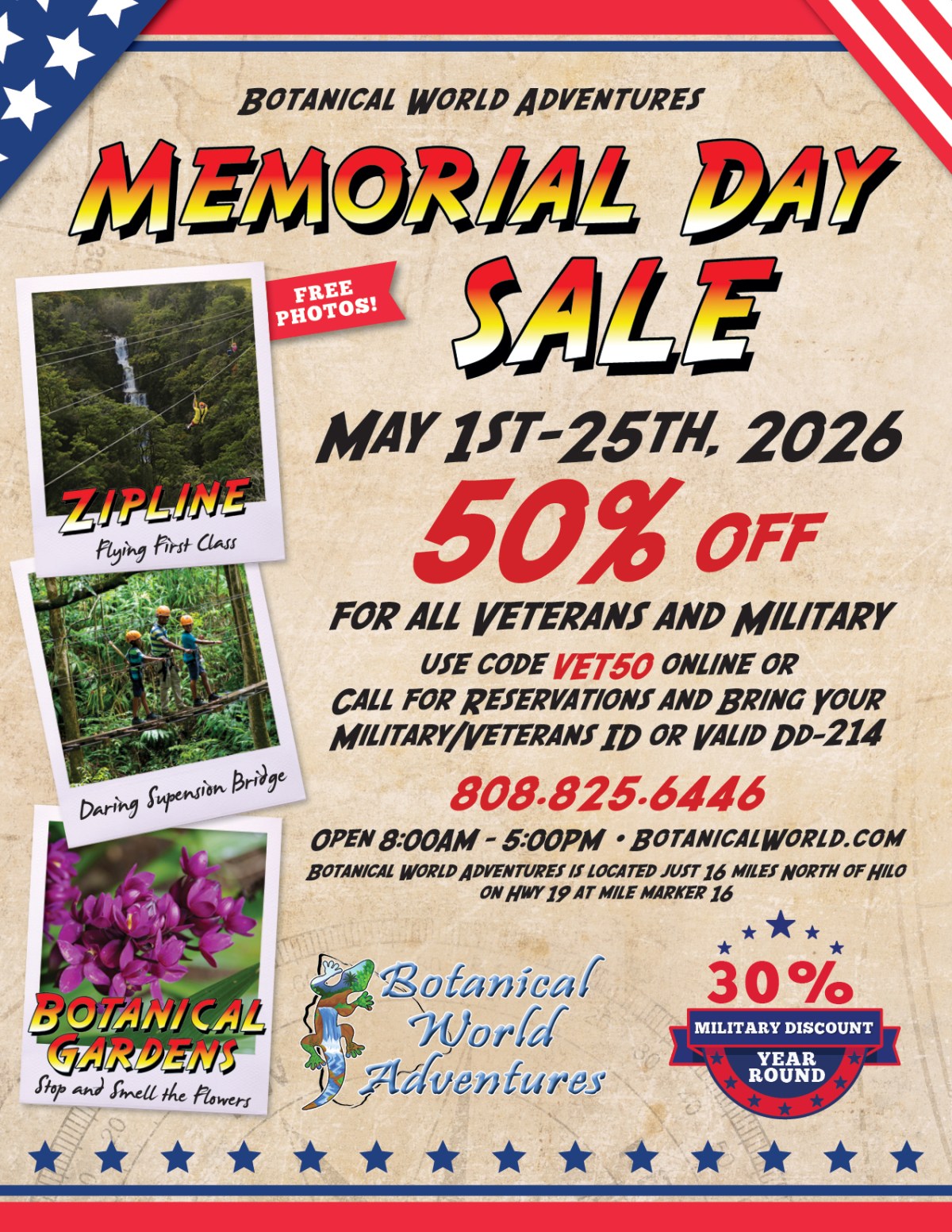 Memorial Day sale poster with 50% off for veterans, military, featuring zipline, gardens, and a coupon code.